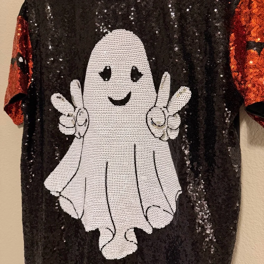 Simply Southern Sequin Ghost Halloween Dress Size M Black Orange - Picture 5 of 8